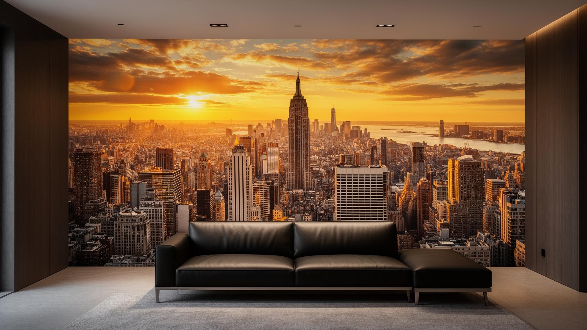Custom wall mural of a cityscape printed on an interior wall